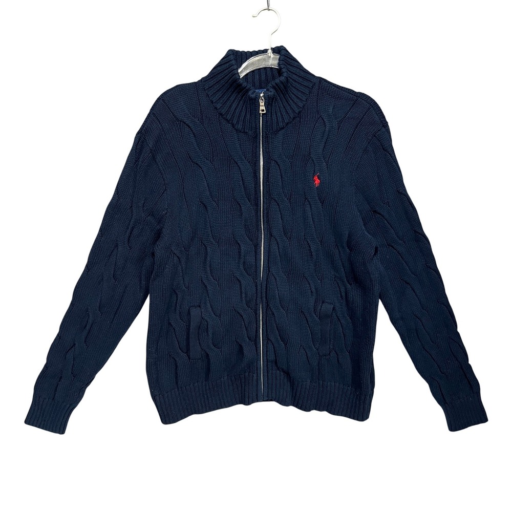 Polo Ralph Lauren Navy Cable Knit Full Zip Cardigan Sweater Mens XL Red Pony